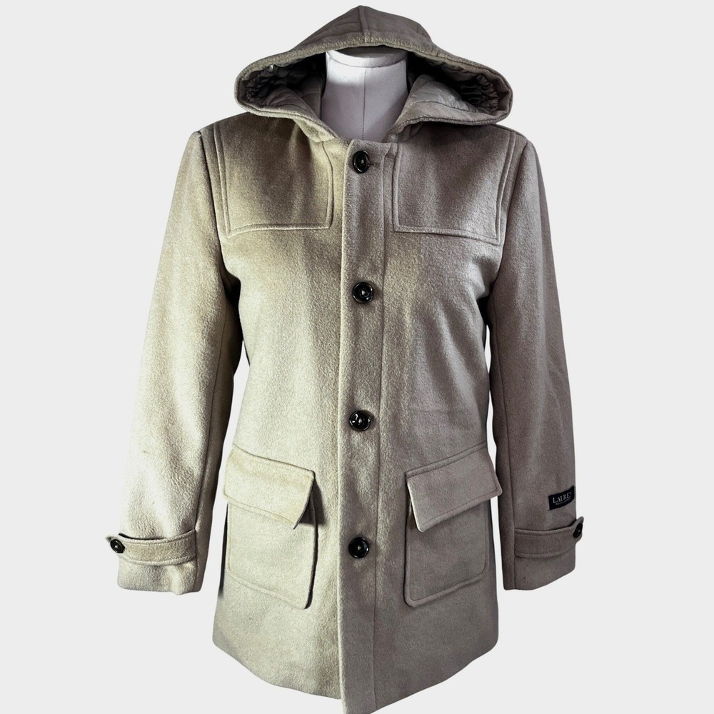 Lauren Ralph Lauren Kids Tan Hooded Duffle Coat Camel Button Wool Blend Size 14R